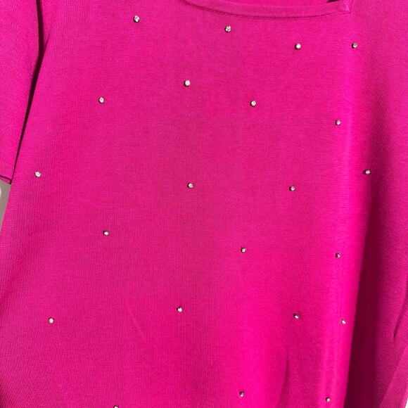 Quacker Factory Top Women Pink Diamond Bling Sparkle Holiday Square Neck Tshirt - Picture 4 of 6